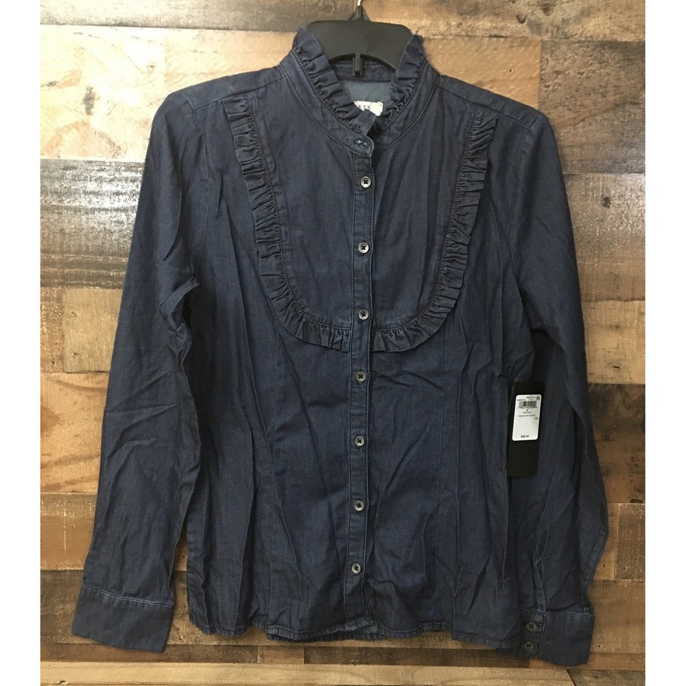 Guess Los Angeles Ruffled Chambray Top Women Small Western  Cowgirl Cotton NWT